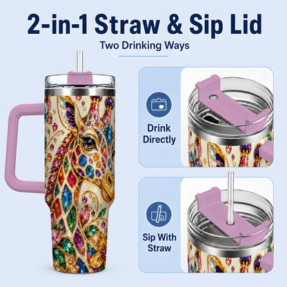 #pl[40oz|Pink] Gem Style Giraffe Floral 40oz Tumbler, Colorful Botanical Art