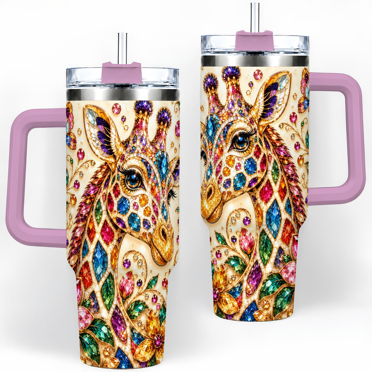 #pl[40oz|Pink] Gem Style Giraffe Floral 40oz Tumbler, Colorful Botanical Art