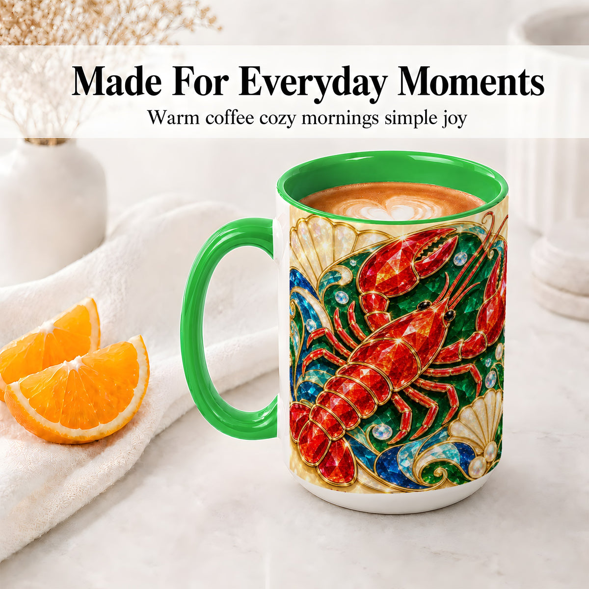 #pl[15oz|Green] Gemstone Lobster Accent Mug, Ceramic Drinkware for Seafood Fans