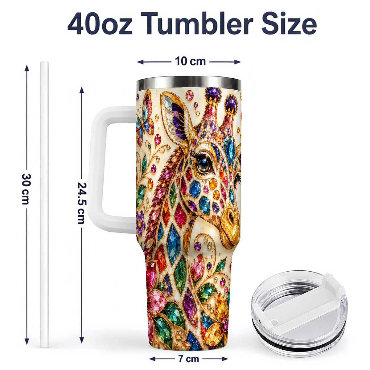 #pl[40oz|White] Gem Style Giraffe Floral 40oz Tumbler, Colorful Botanical Art