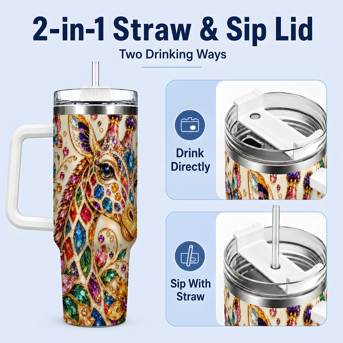 #pl[40oz|White] Gem Style Giraffe Floral 40oz Tumbler, Colorful Botanical Art