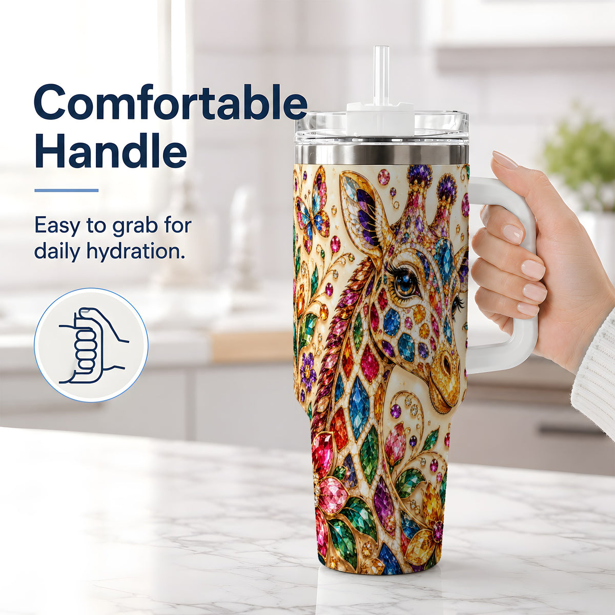 #pl[40oz|White] Gem Style Giraffe Floral 40oz Tumbler, Colorful Botanical Art