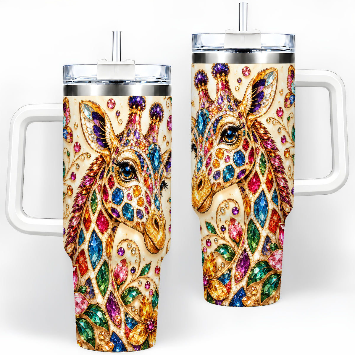 Gem Style Giraffe Floral 40oz Tumbler, Colorful Botanical Art