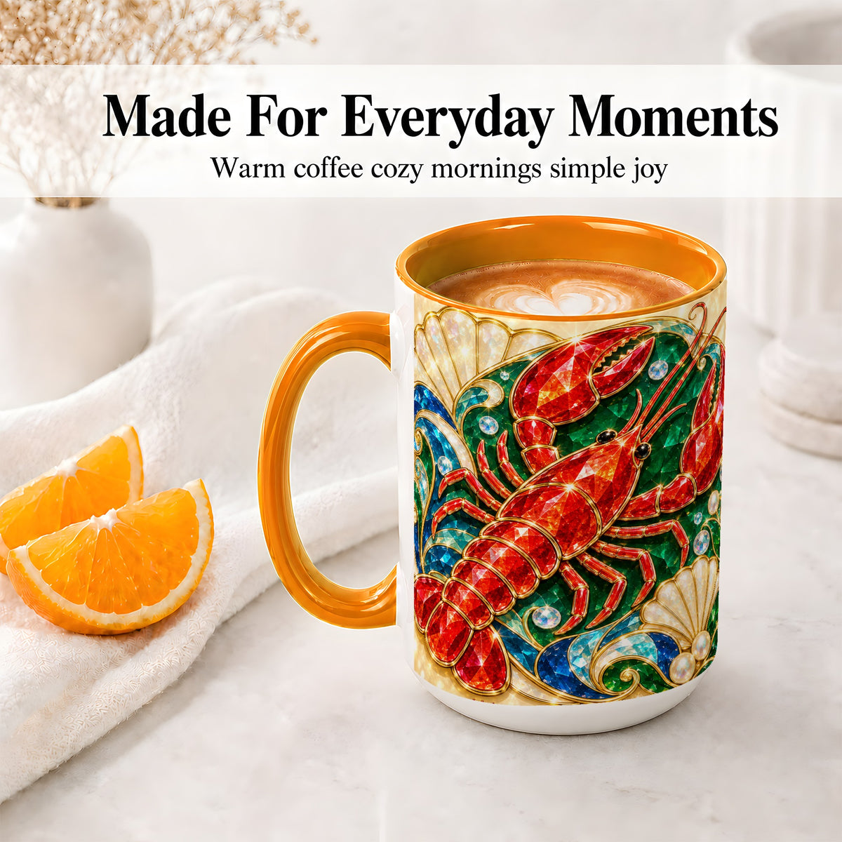 #pl[15oz|Orange] Gemstone Lobster Accent Mug, Ceramic Drinkware for Seafood Fans