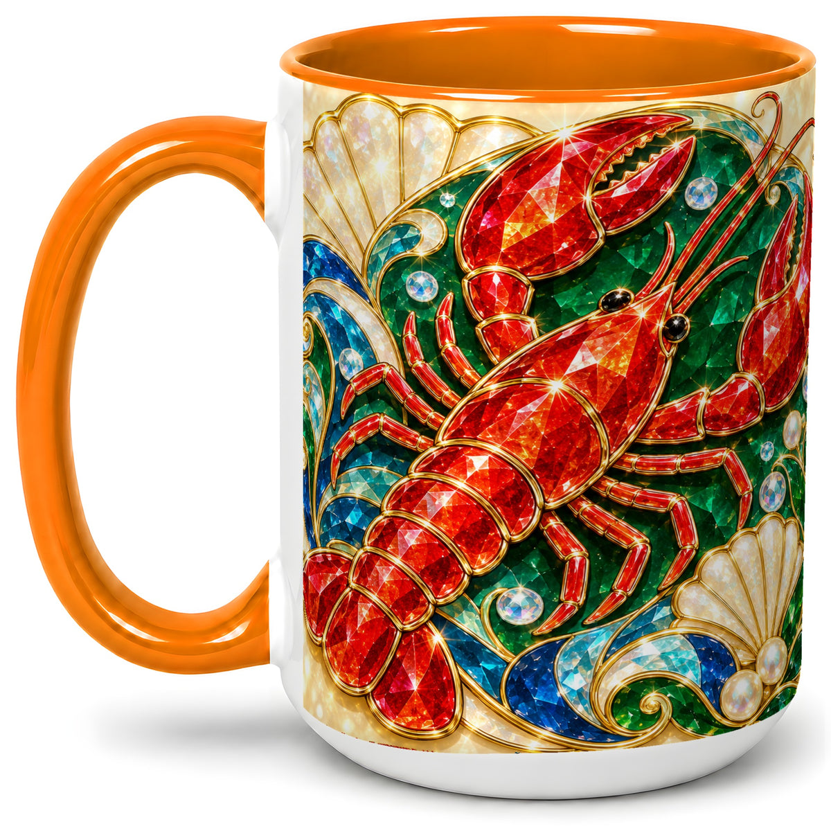 #pl[15oz|Orange] Gemstone Lobster Accent Mug, Ceramic Drinkware for Seafood Fans
