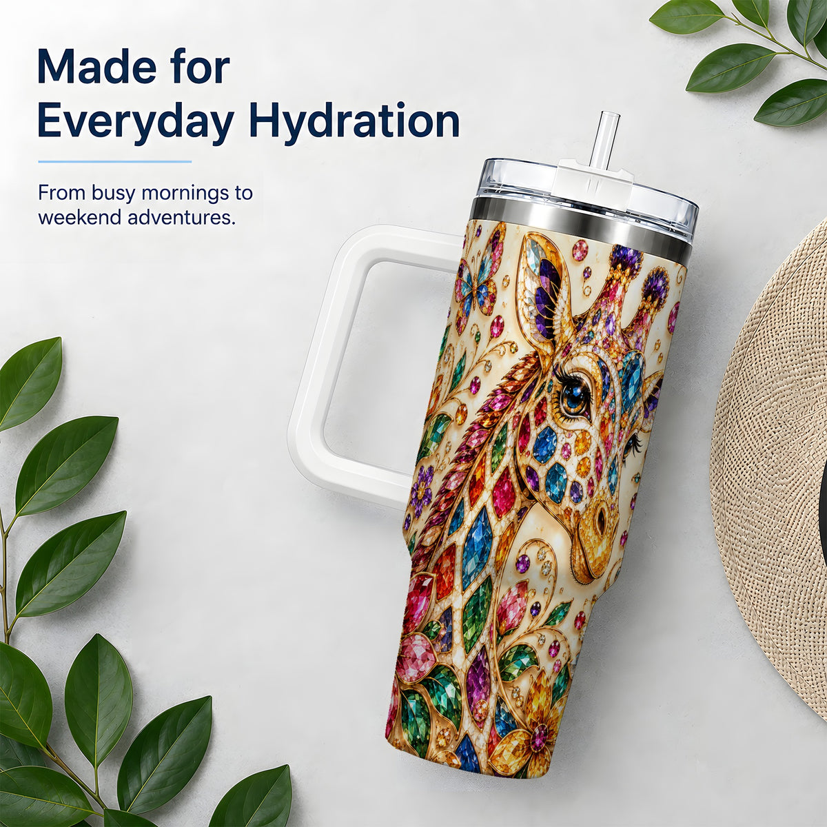 Gem Style Giraffe Floral 40oz Tumbler, Colorful Botanical Art