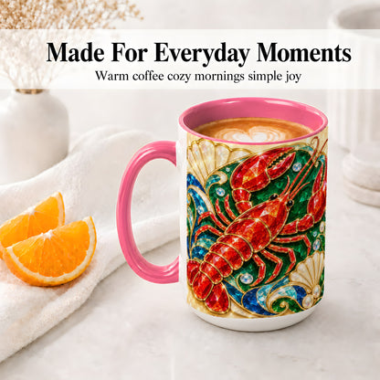 #pl[15oz|Pink] Gemstone Lobster Accent Mug, Ceramic Drinkware for Seafood Fans
