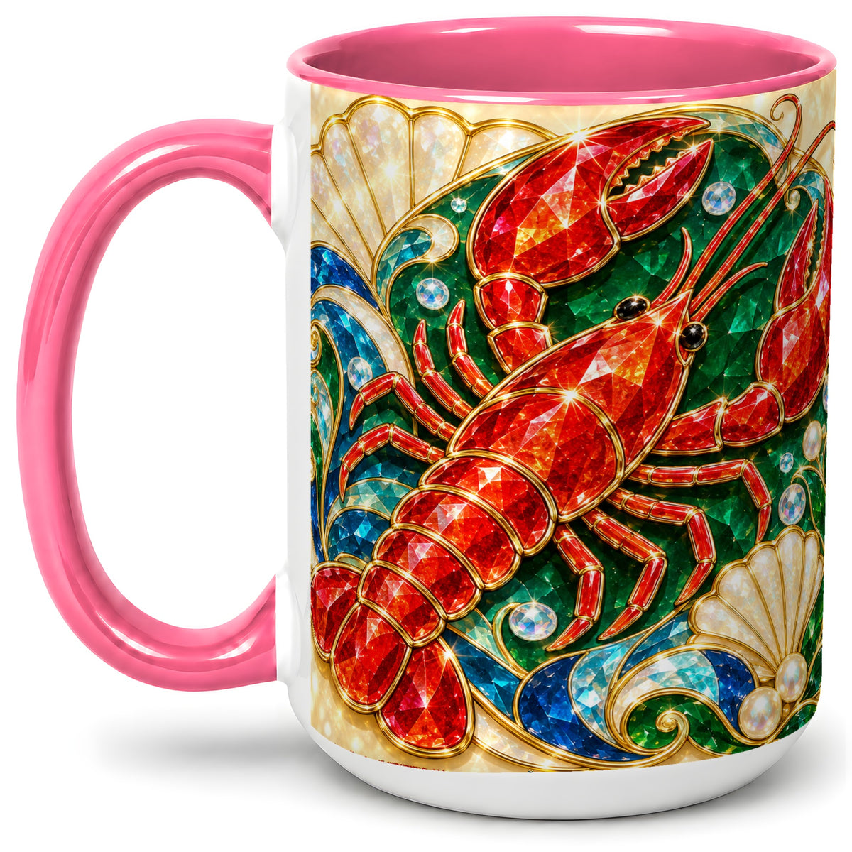 #pl[15oz|Pink] Gemstone Lobster Accent Mug, Ceramic Drinkware for Seafood Fans