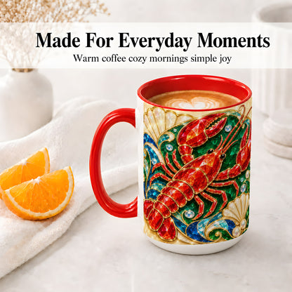 #pl[15oz|Red] Gemstone Lobster Accent Mug, Ceramic Drinkware for Seafood Fans