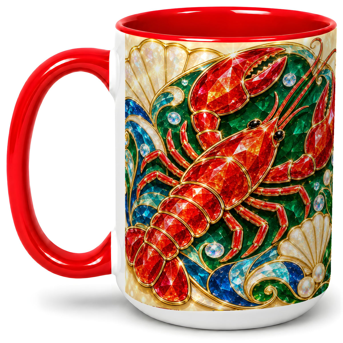 #pl[15oz|Red] Gemstone Lobster Accent Mug, Ceramic Drinkware for Seafood Fans