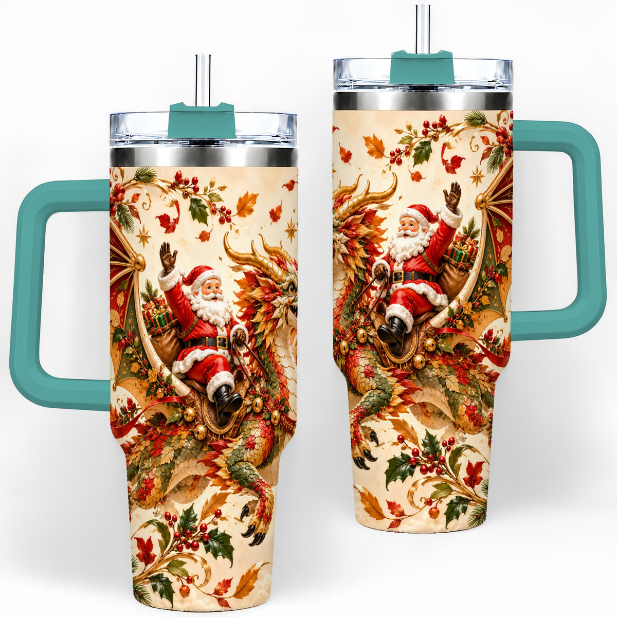 #pl[40oz|Green] Santa Dragon Christmas 40oz Tumbler, Festive Holiday Drinkware