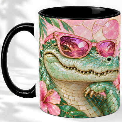 #pl[11oz|Black] Sunglasses Alligator Accent Mug, Tropical Ceramic Drinkware