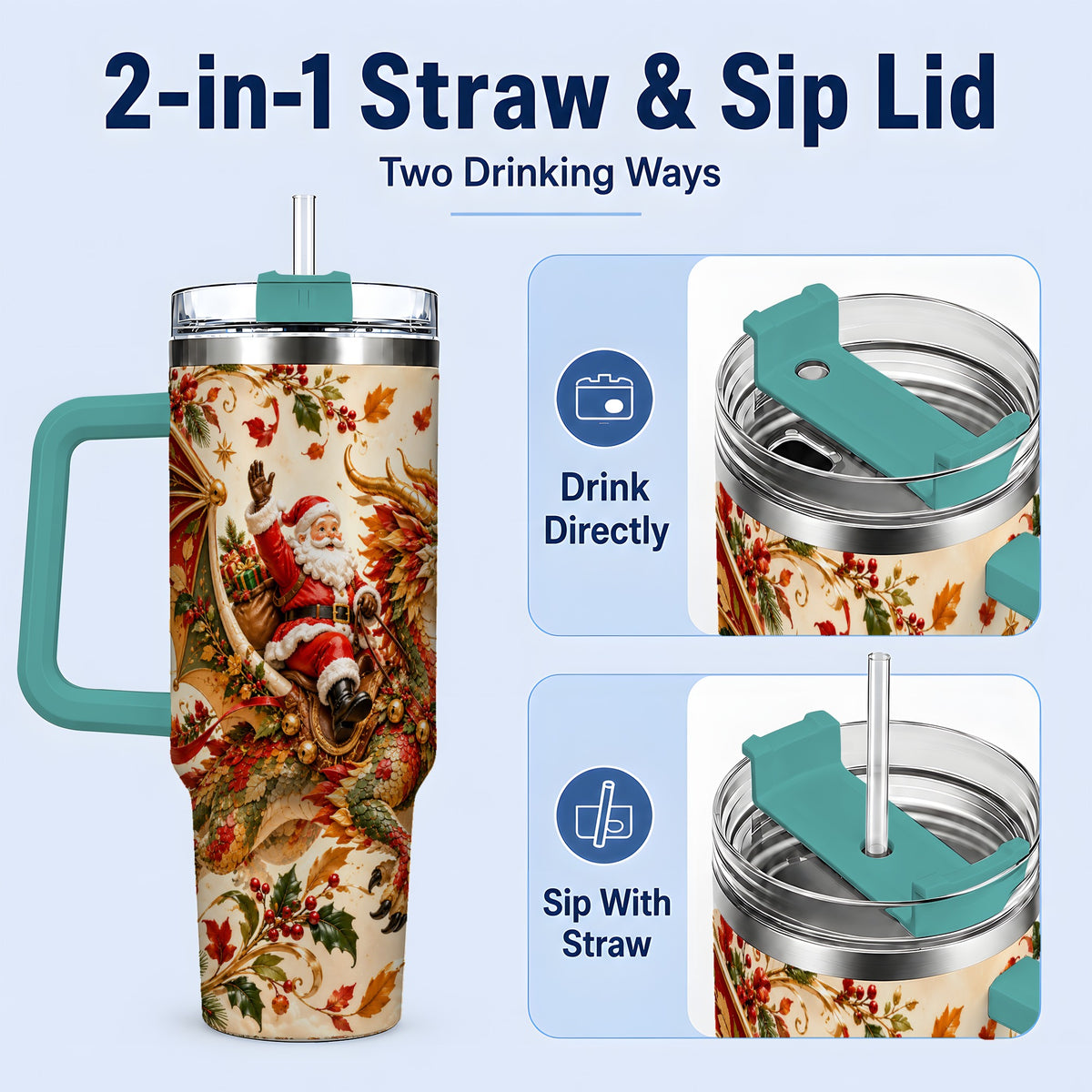 #pl[40oz|Green] Santa Dragon Christmas 40oz Tumbler, Festive Holiday Drinkware