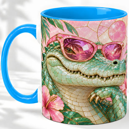 #pl[11oz|Blue] Sunglasses Alligator Accent Mug, Tropical Ceramic Drinkware