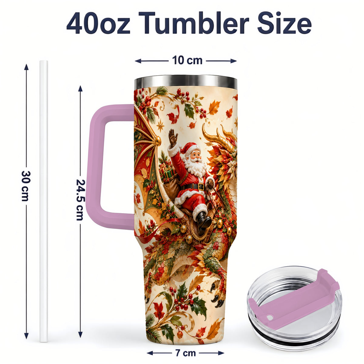 #pl[40oz|Pink] Santa Dragon Christmas 40oz Tumbler, Festive Holiday Drinkware