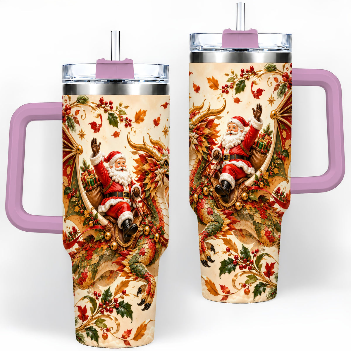 #pl[40oz|Pink] Santa Dragon Christmas 40oz Tumbler, Festive Holiday Drinkware