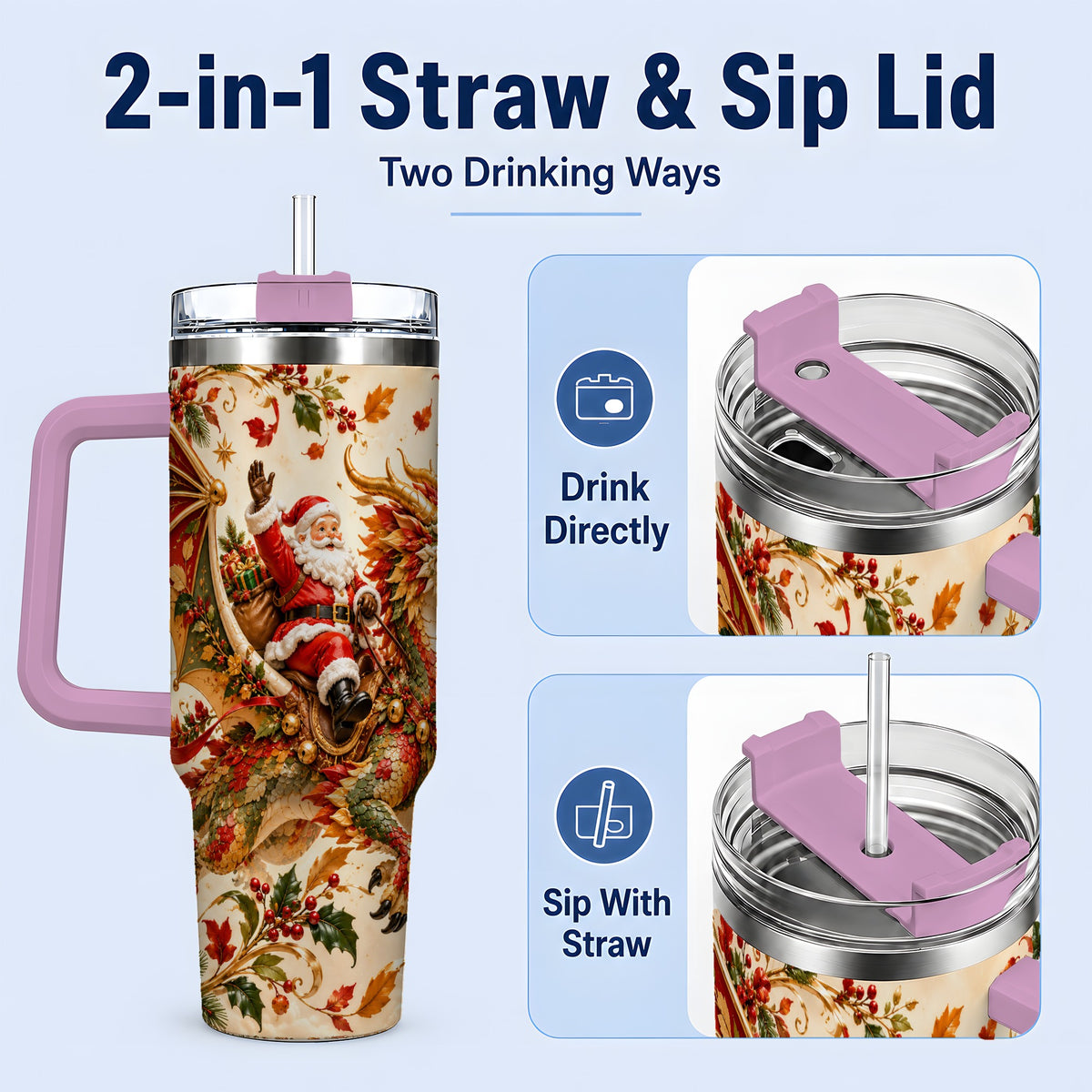 #pl[40oz|Pink] Santa Dragon Christmas 40oz Tumbler, Festive Holiday Drinkware