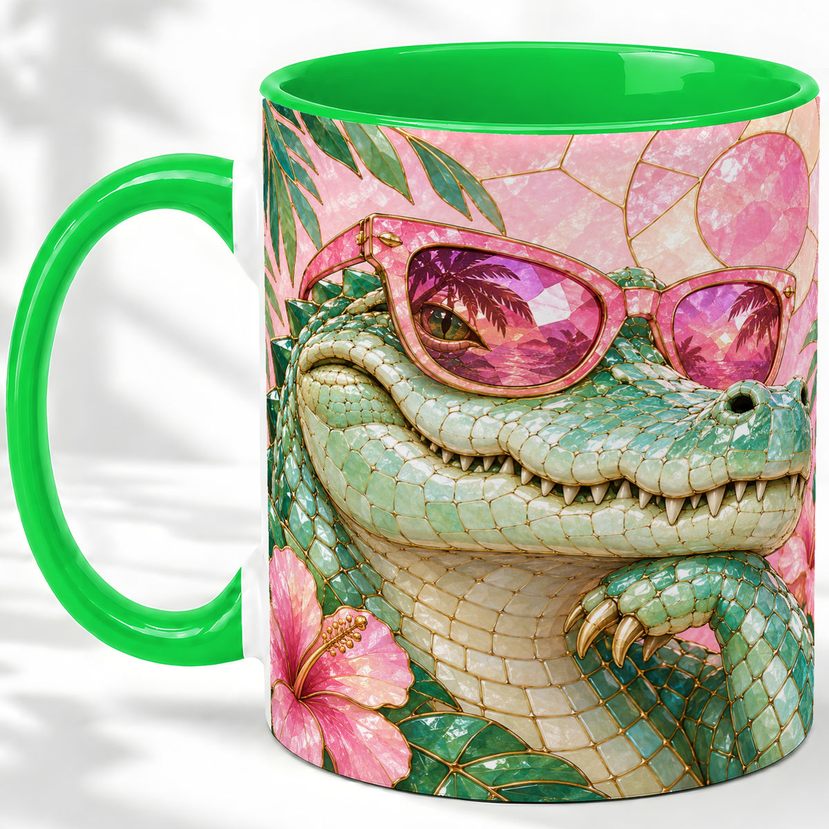 #pl[11oz|Green] Sunglasses Alligator Accent Mug, Tropical Ceramic Drinkware
