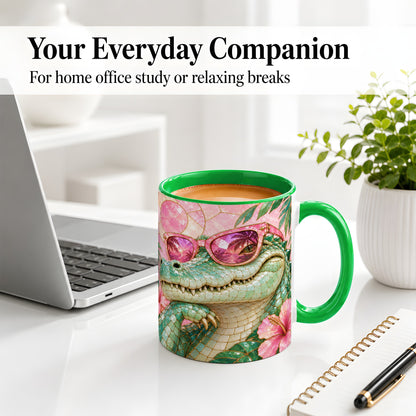 #pl[11oz|Green] Sunglasses Alligator Accent Mug, Tropical Ceramic Drinkware