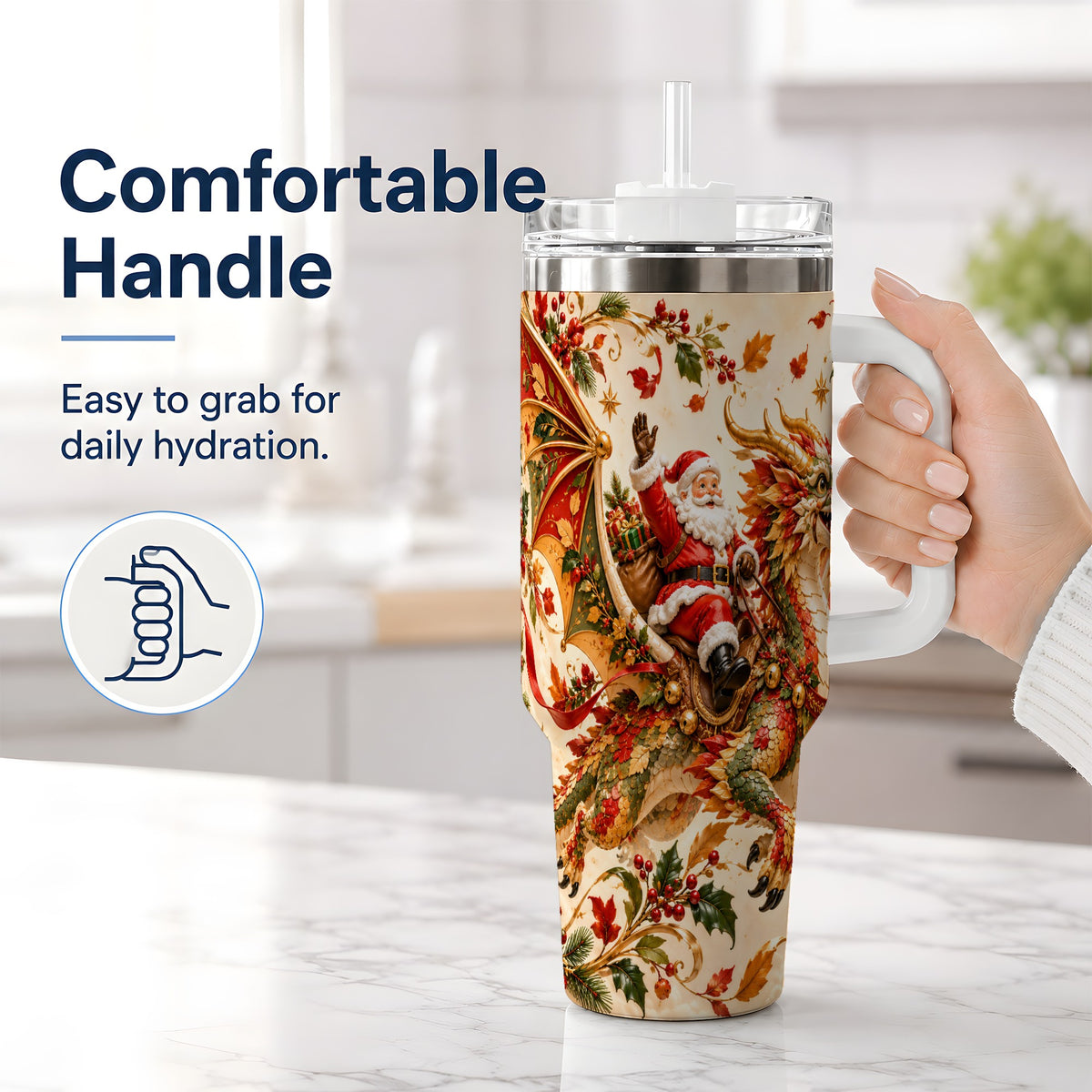 #pl[40oz|White] Santa Dragon Christmas 40oz Tumbler, Festive Holiday Drinkware