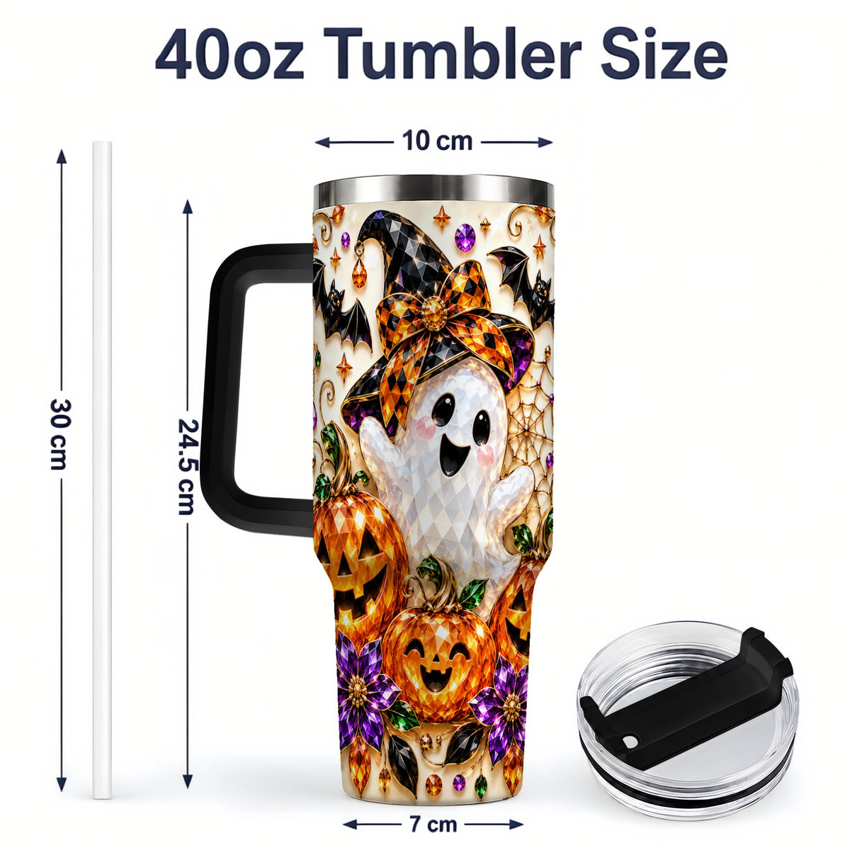 #pl[40oz|Black] Cute Ghost Halloween 40oz Tumbler, Pumpkin Witch Hat Drinkware