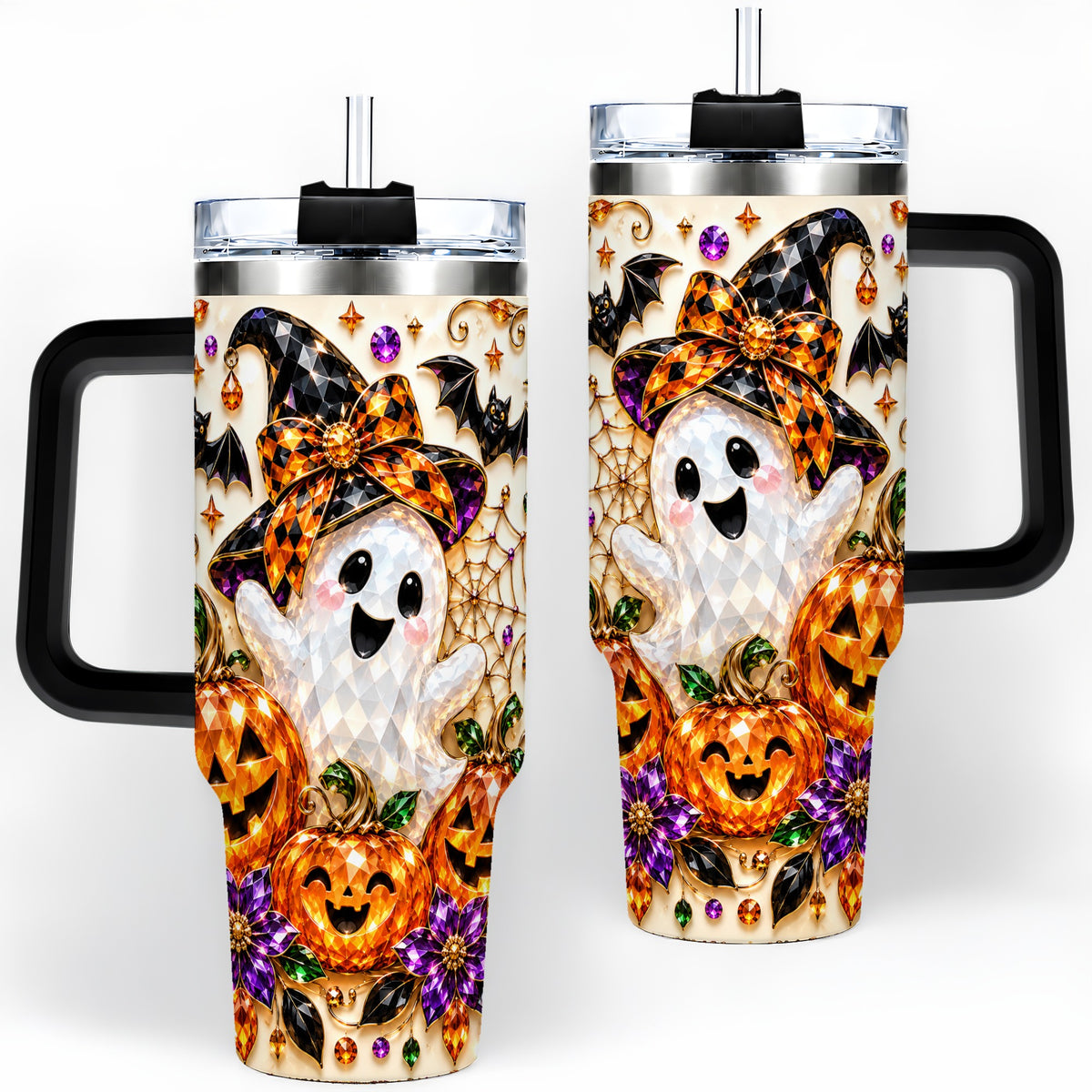 #pl[40oz|Black] Cute Ghost Halloween 40oz Tumbler, Pumpkin Witch Hat Drinkware