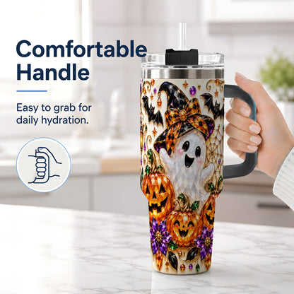 #pl[40oz|Black] Cute Ghost Halloween 40oz Tumbler, Pumpkin Witch Hat Drinkware
