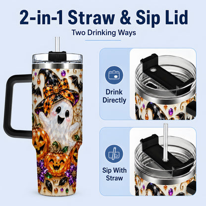 #pl[40oz|Black] Cute Ghost Halloween 40oz Tumbler, Pumpkin Witch Hat Drinkware
