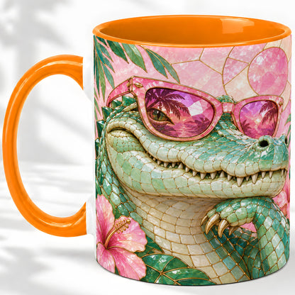 #pl[11oz|Orange] Sunglasses Alligator Accent Mug, Tropical Ceramic Drinkware