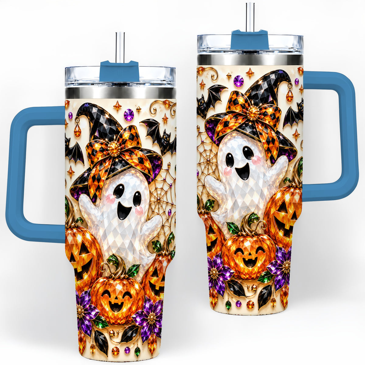 #pl[40oz|Blue] Cute Ghost Halloween 40oz Tumbler, Pumpkin Witch Hat Drinkware