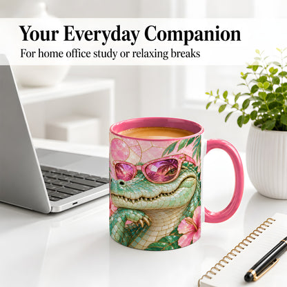 #pl[11oz|Pink] Sunglasses Alligator Accent Mug, Tropical Ceramic Drinkware