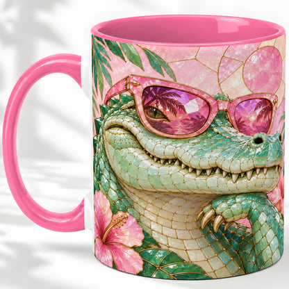 #pl[11oz|Pink] Sunglasses Alligator Accent Mug, Tropical Ceramic Drinkware