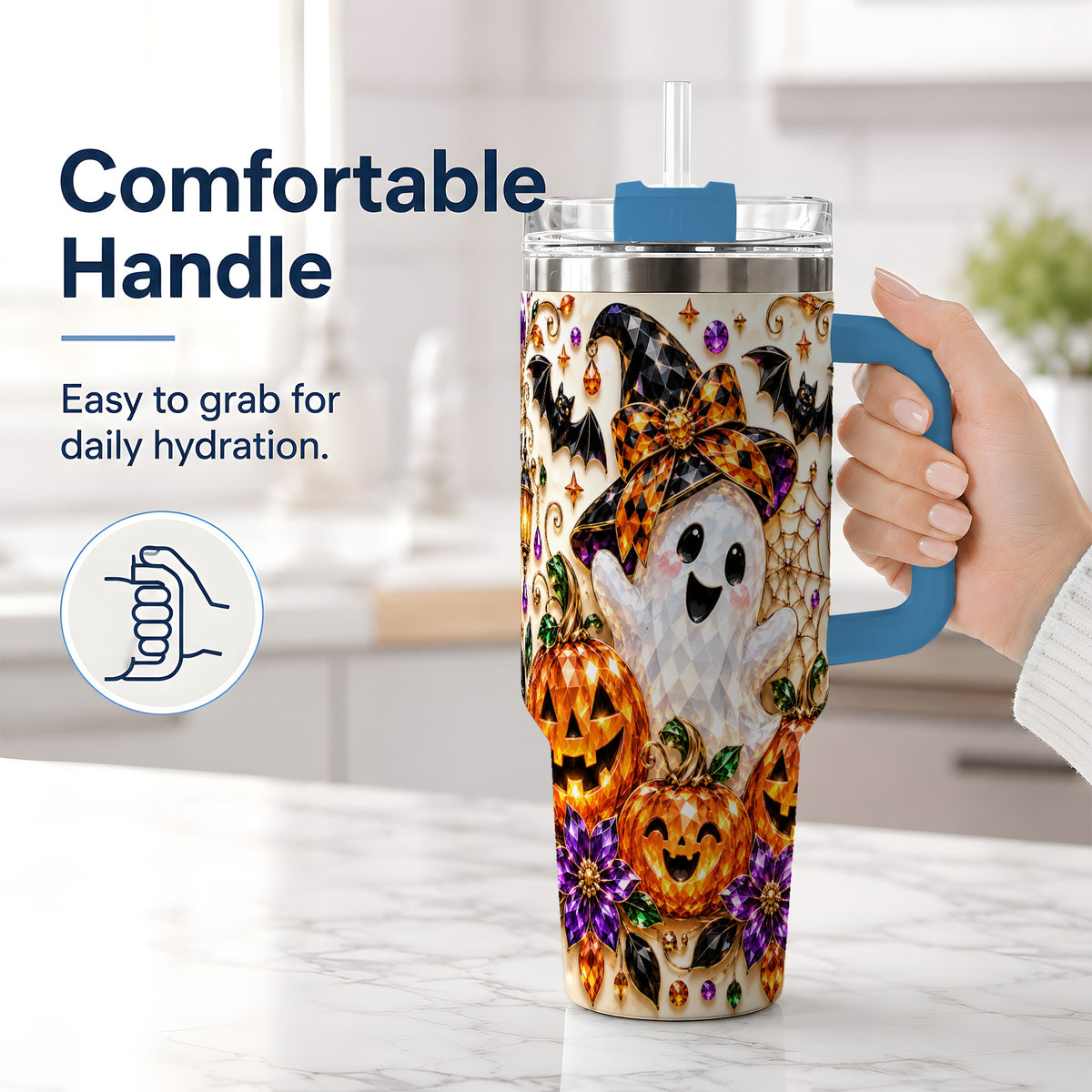 #pl[40oz|Blue] Cute Ghost Halloween 40oz Tumbler, Pumpkin Witch Hat Drinkware