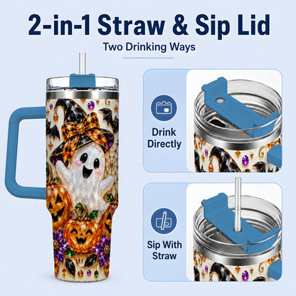 #pl[40oz|Blue] Cute Ghost Halloween 40oz Tumbler, Pumpkin Witch Hat Drinkware