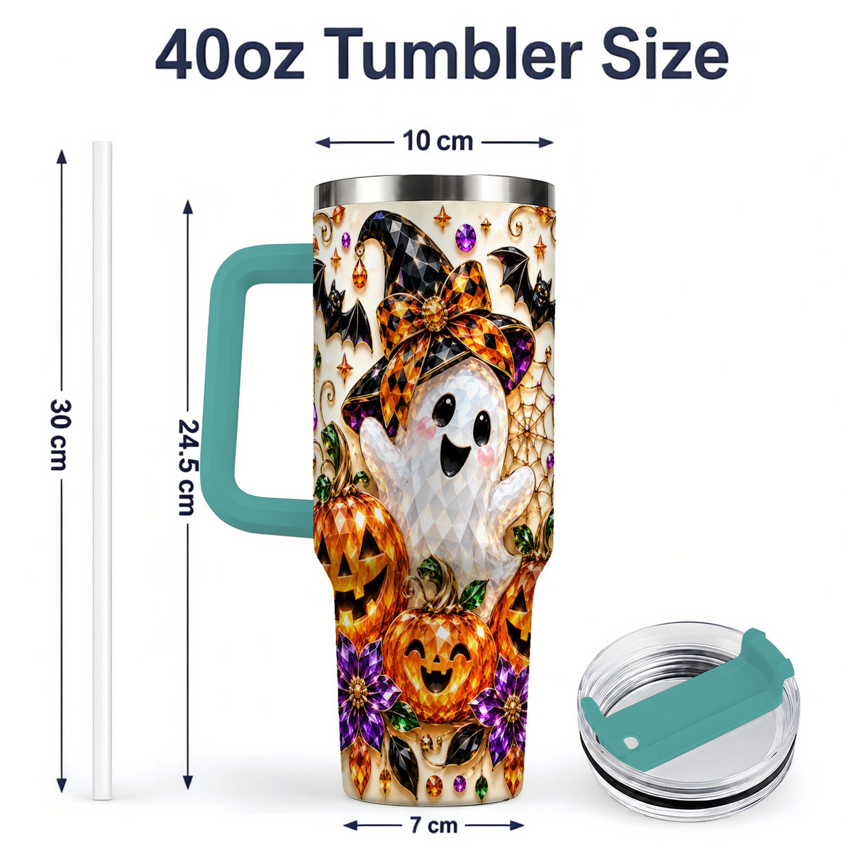 #pl[40oz|Green] Cute Ghost Halloween 40oz Tumbler, Pumpkin Witch Hat Drinkware