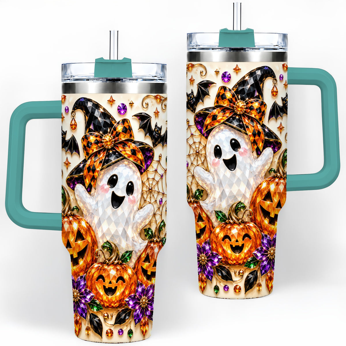#pl[40oz|Green] Cute Ghost Halloween 40oz Tumbler, Pumpkin Witch Hat Drinkware