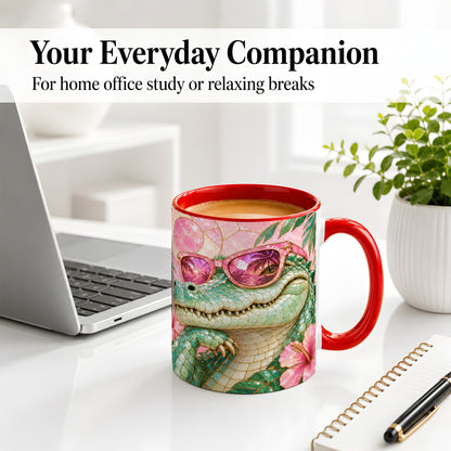 #pl[11oz|Red] Sunglasses Alligator Accent Mug, Tropical Ceramic Drinkware