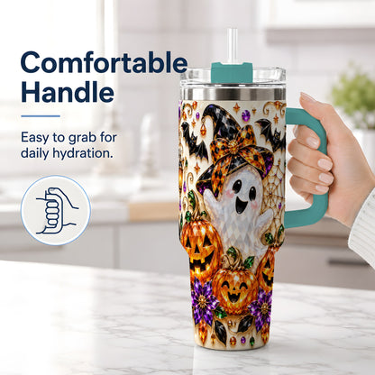 #pl[40oz|Green] Cute Ghost Halloween 40oz Tumbler, Pumpkin Witch Hat Drinkware