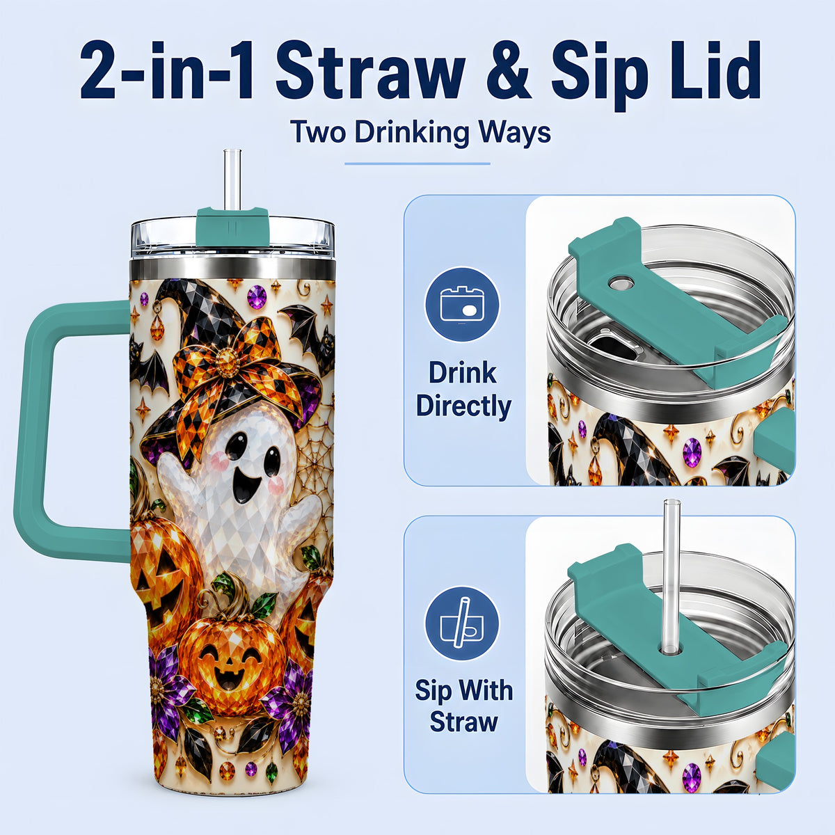 #pl[40oz|Green] Cute Ghost Halloween 40oz Tumbler, Pumpkin Witch Hat Drinkware
