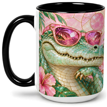 #pl[15oz|Black] Sunglasses Alligator Accent Mug, Tropical Ceramic Drinkware