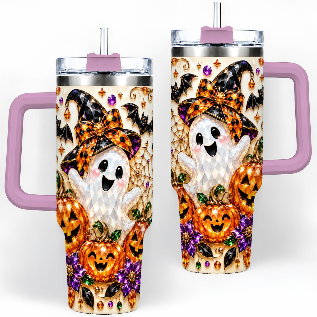 #pl[40oz|Pink] Cute Ghost Halloween 40oz Tumbler, Pumpkin Witch Hat Drinkware