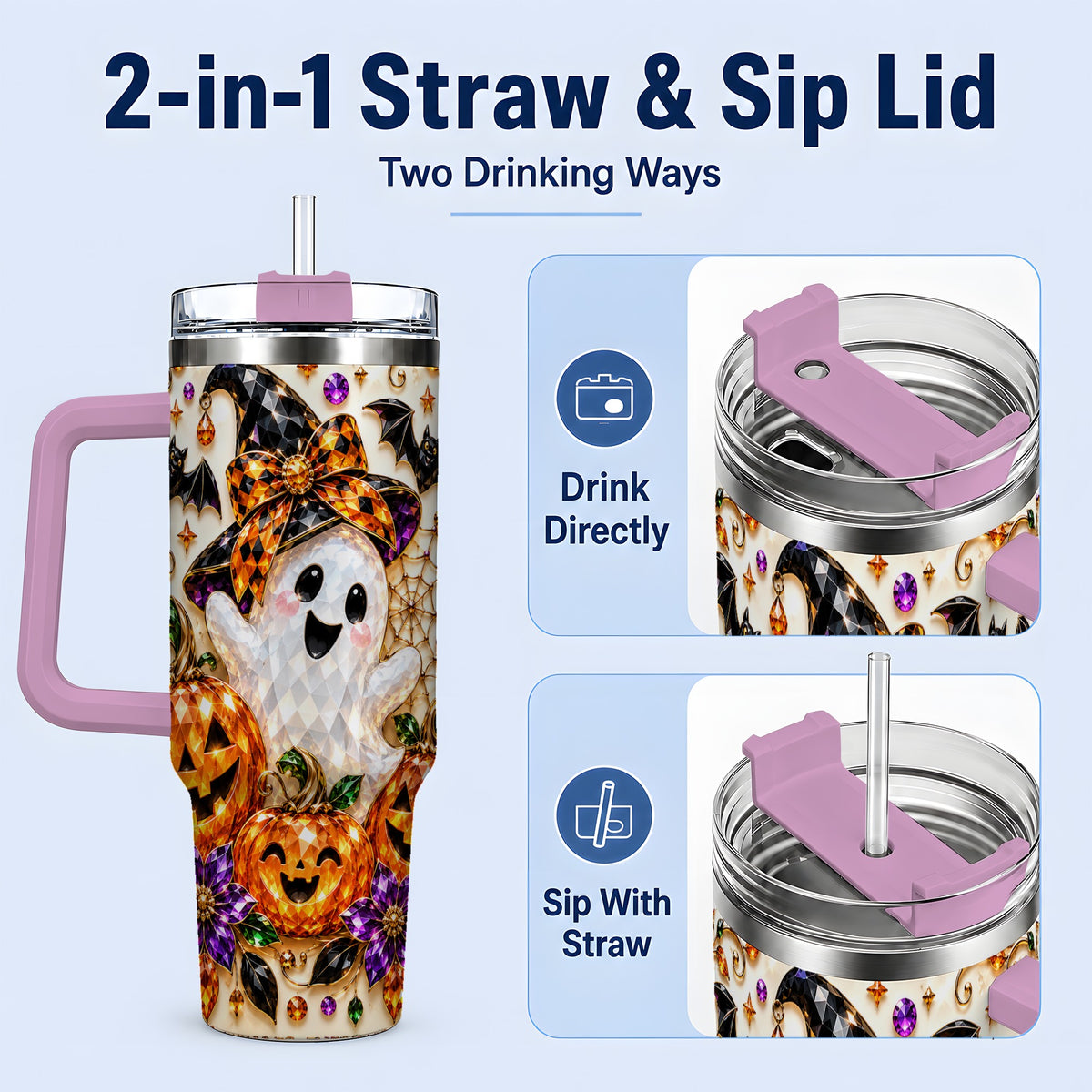 #pl[40oz|Pink] Cute Ghost Halloween 40oz Tumbler, Pumpkin Witch Hat Drinkware