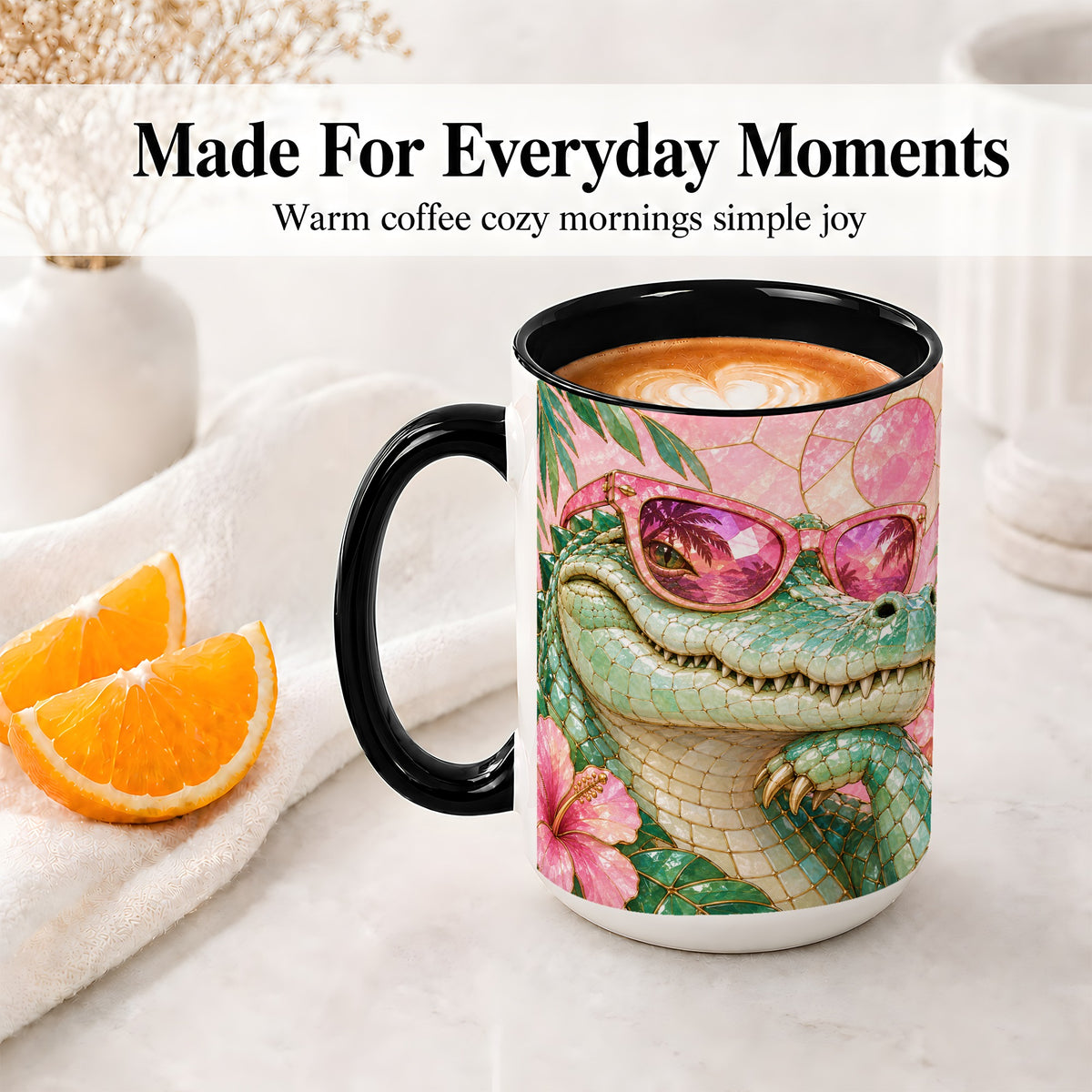 #pl[15oz|Black] Sunglasses Alligator Accent Mug, Tropical Ceramic Drinkware