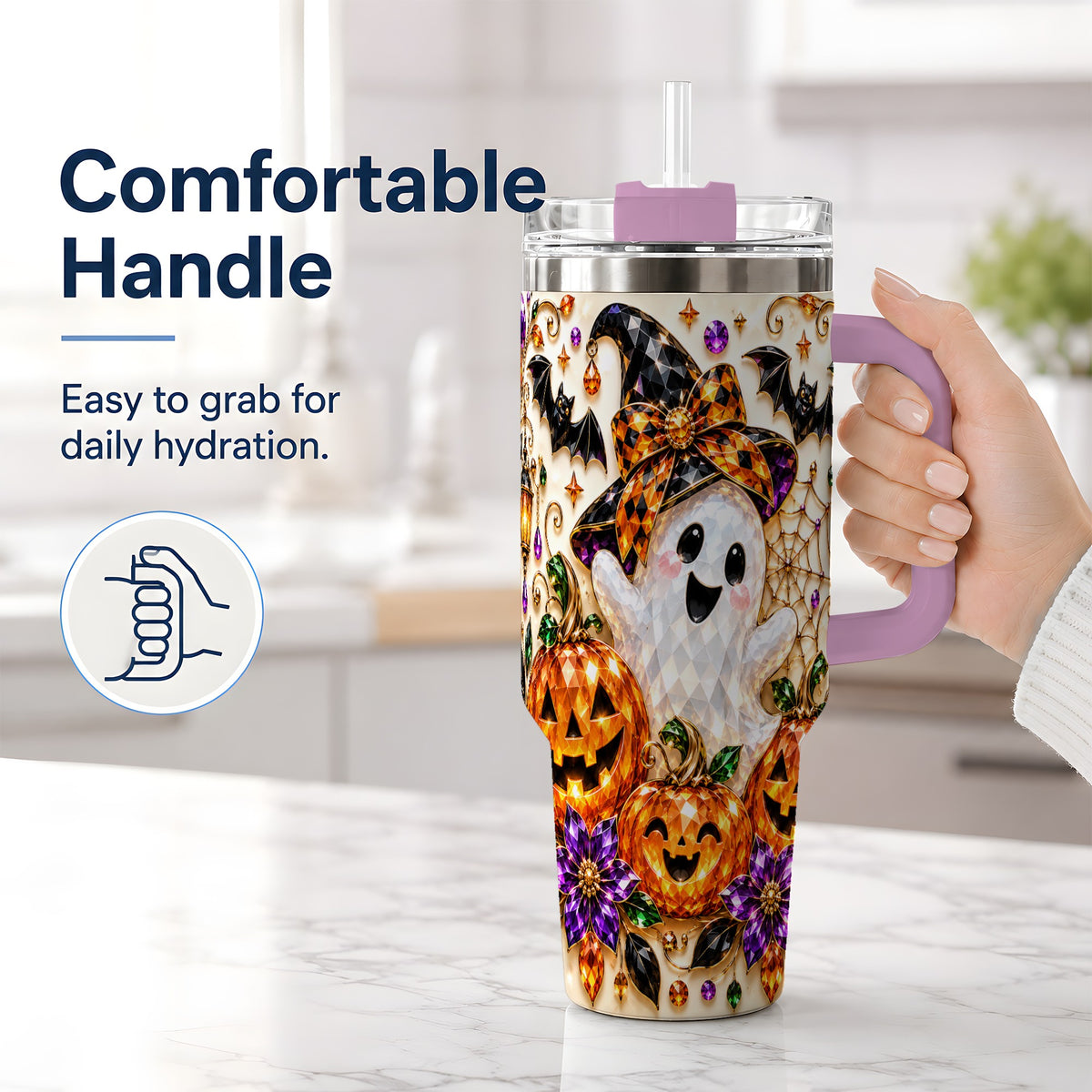 #pl[40oz|Pink] Cute Ghost Halloween 40oz Tumbler, Pumpkin Witch Hat Drinkware