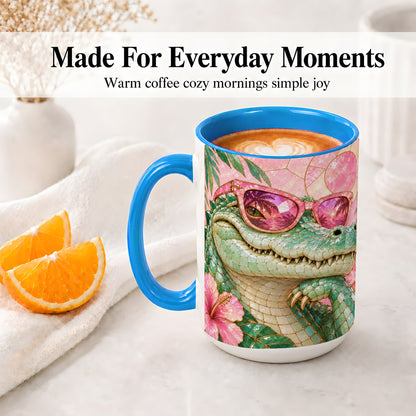 #pl[15oz|Blue] Sunglasses Alligator Accent Mug, Tropical Ceramic Drinkware