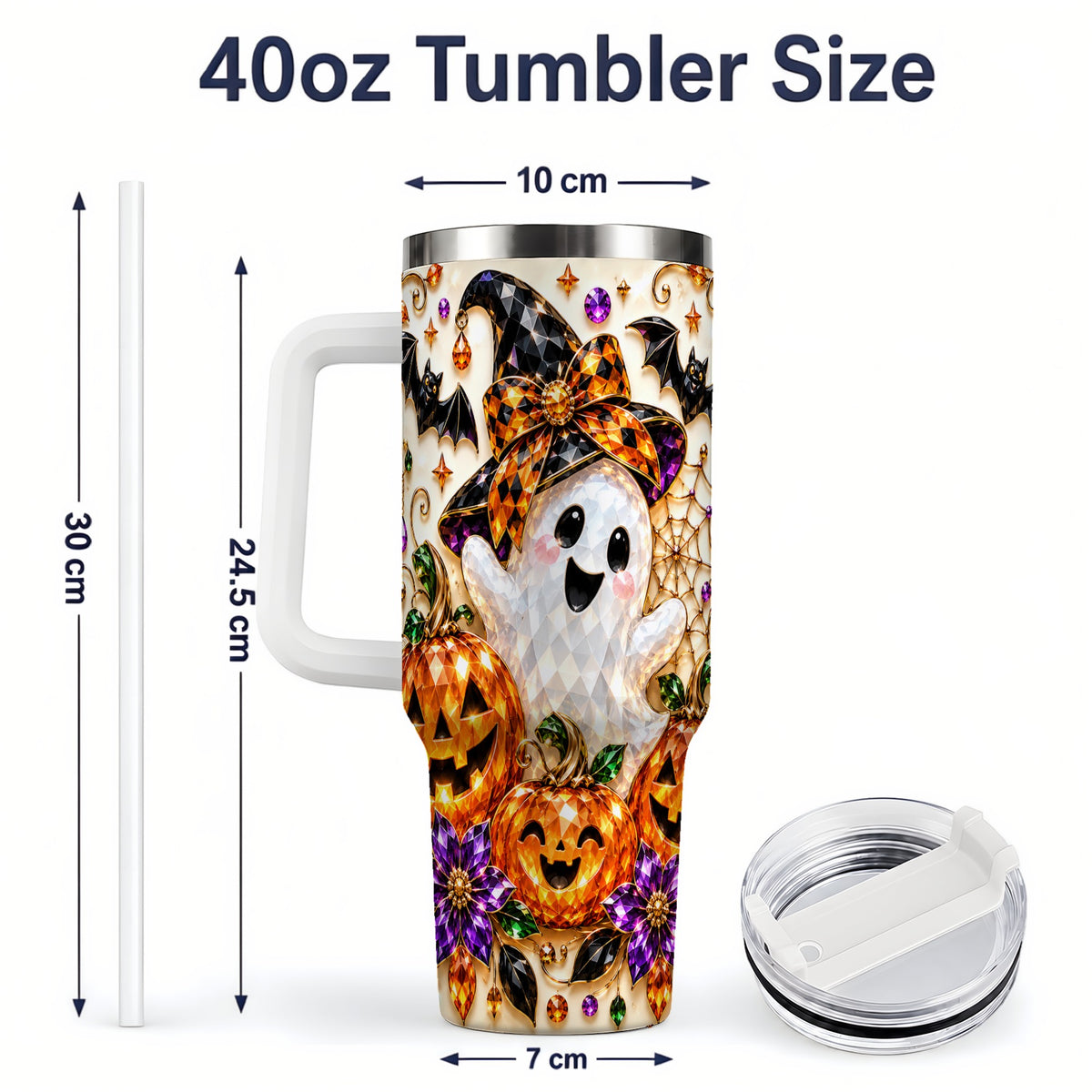 #pl[40oz|White] Cute Ghost Halloween 40oz Tumbler, Pumpkin Witch Hat Drinkware