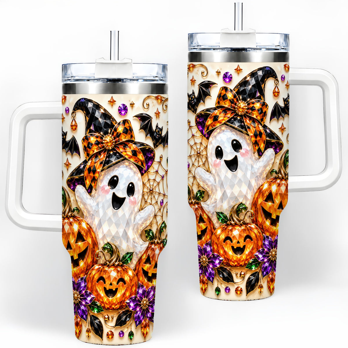 Cute Ghost Halloween 40oz Tumbler, Pumpkin Witch Hat Drinkware
