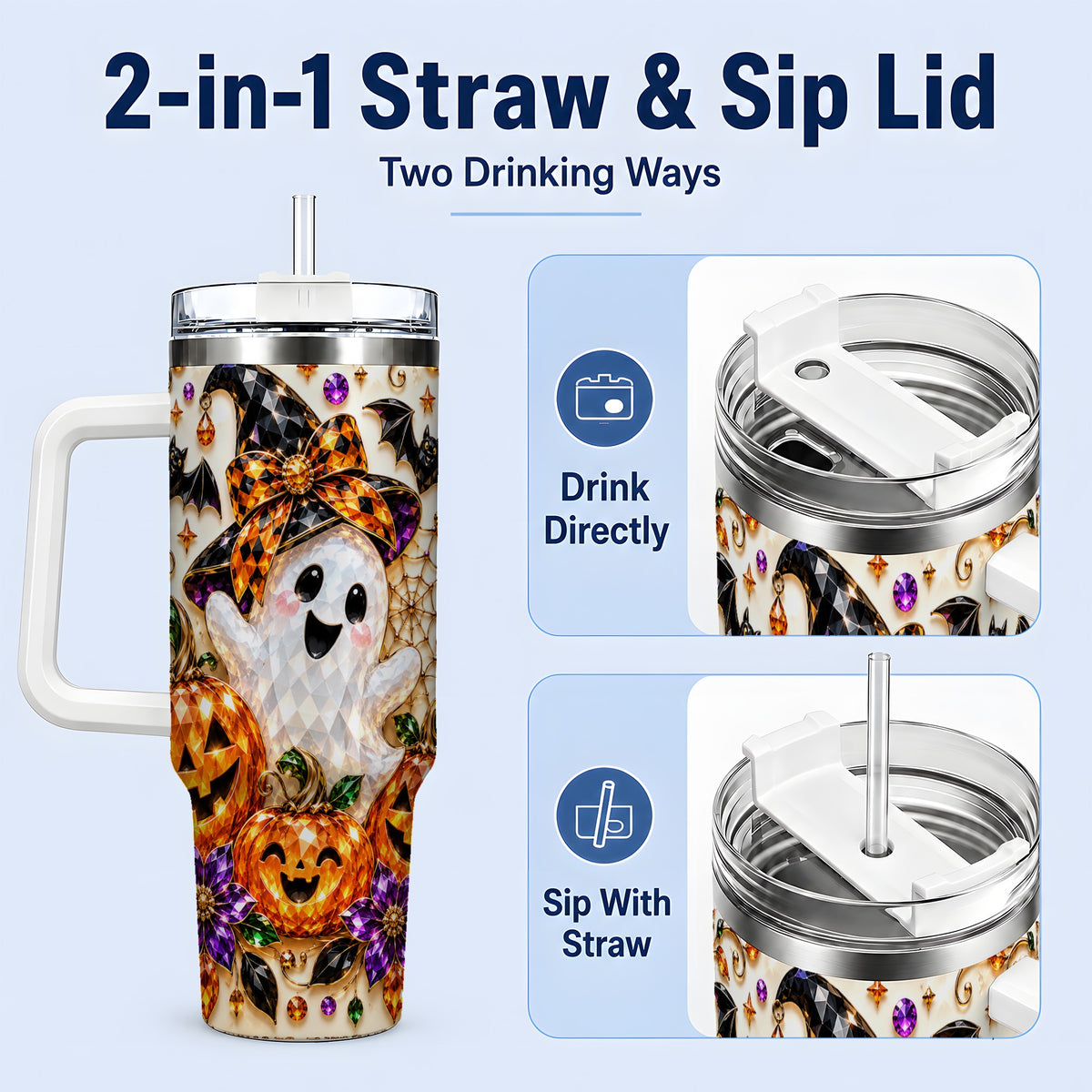 #pl[40oz|White] Cute Ghost Halloween 40oz Tumbler, Pumpkin Witch Hat Drinkware