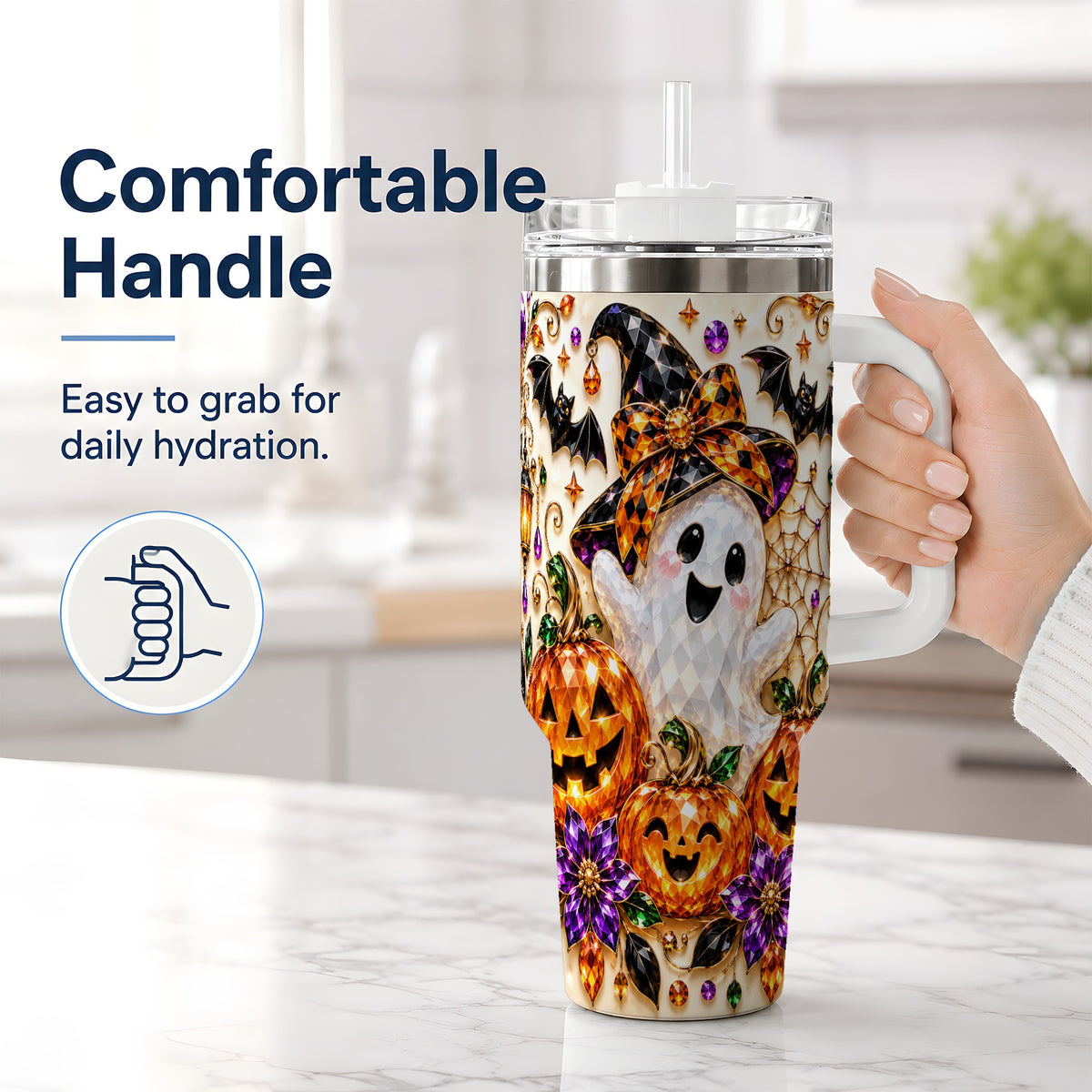 #pl[40oz|White] Cute Ghost Halloween 40oz Tumbler, Pumpkin Witch Hat Drinkware