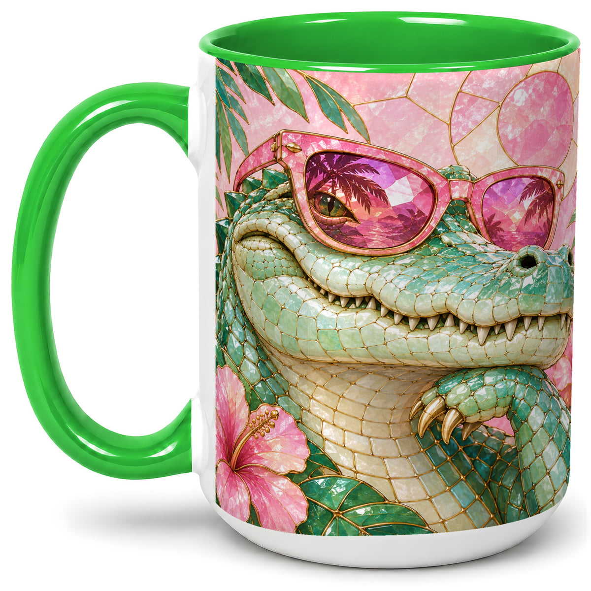#pl[15oz|Green] Sunglasses Alligator Accent Mug, Tropical Ceramic Drinkware